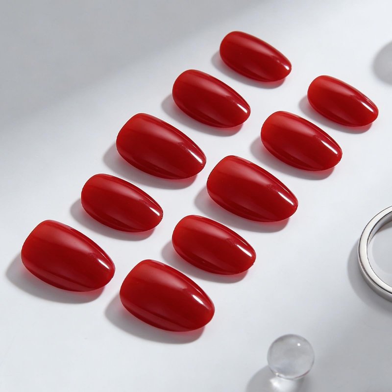 Red Press On Nails Short Almond Fake Nails Glossy Full Cover Solid Color Stick On Nail for Women Manicure 32Pcs