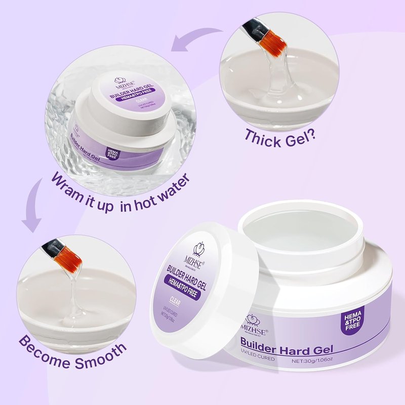 MIZHSE HEMA-Free Hard Gel for Nails - 1.06oz Clear Builder Gel | UV/LED Nail Strengthener for DIY Home Salon
