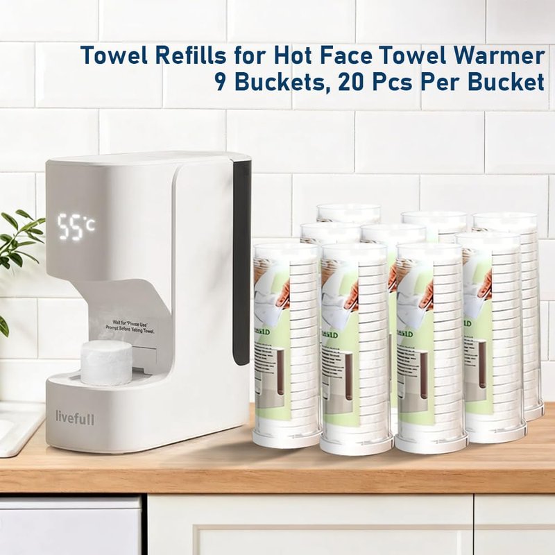 LiveFull Towel Refills for Hot Face Towel Heater Machine, 180 Pcs Disposable Compressed Face Towels for Smart Towel Warmer, 9 Buckets, 20 Pcs Per Bucket