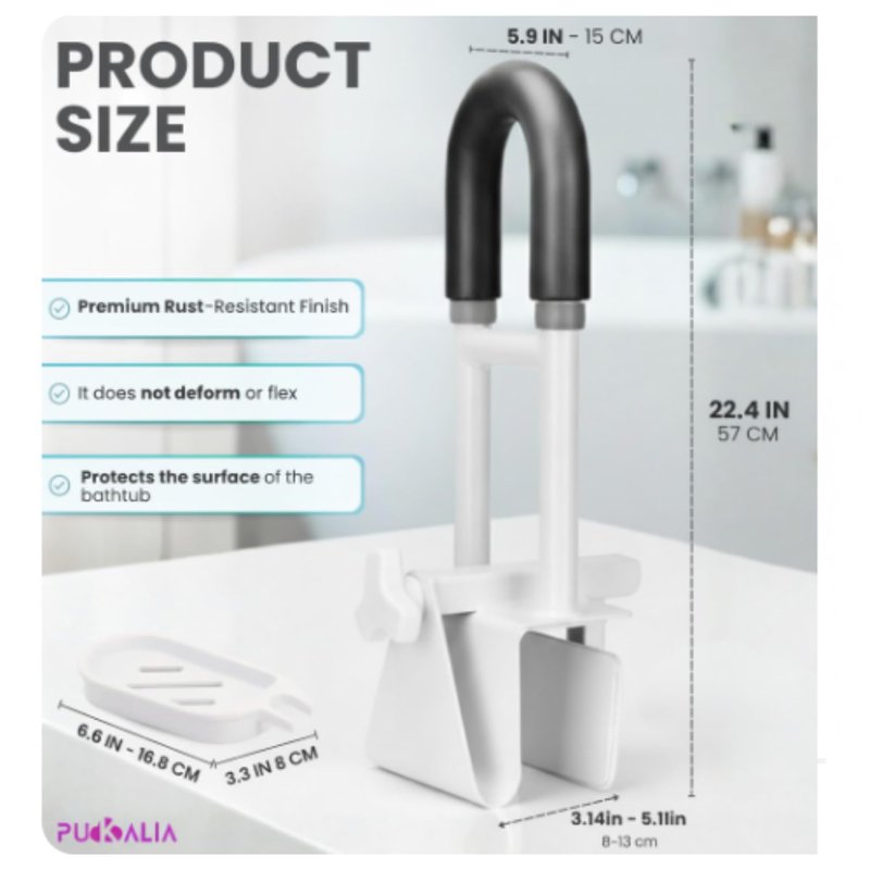 Bathtub Grab Bar Safety Rail for Seniors and Elderly with 300lbs Heavy Duty Iron Support Plus Tool Free Clamp on Shower Handle and Non Slip Bathroom Assist Bar for Side of Tub in White