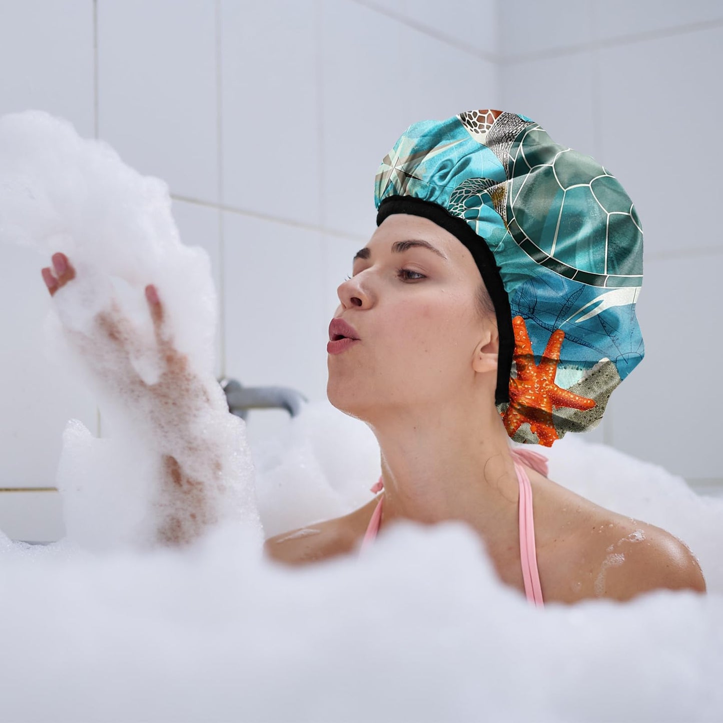 Cabreche Luxury Shower Cap Terry Lined Reusable Triple Layer Waterproof Hair Elastic Caps Shower Bath Hat for Women Girls Cute Aesthetic-Sea Turtle