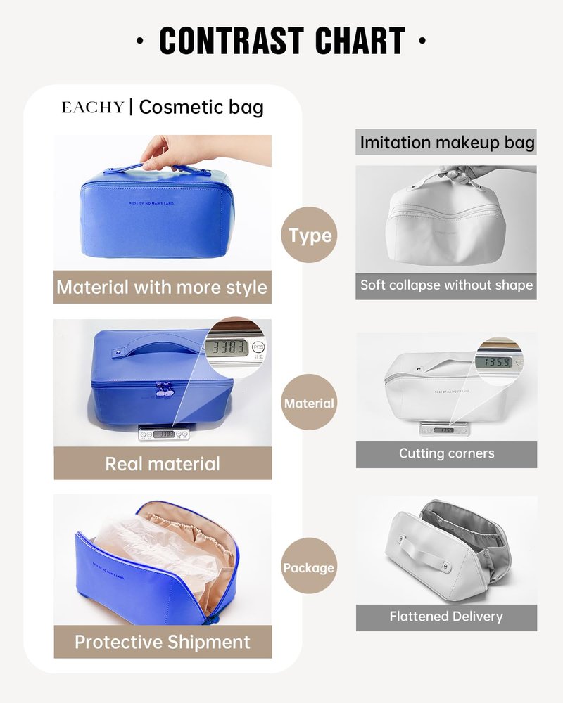EACHY Travel Makeup Bag, Cosmetic Bag for Women, Waterproof Toiletry Bag with Handle, Large Capacity Makeup Organizer with Brush Compartment for Vacation & Everyday Use