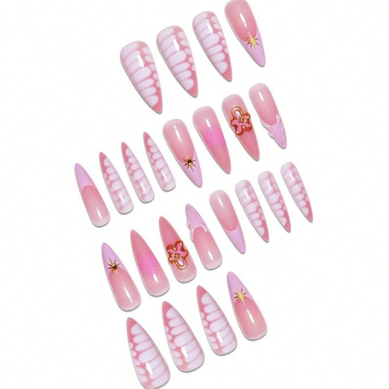 Handmade Flower Press-On Nails | Long Stiletto French Tip Design with Floral Rhinestones - Pink Almond, 24 Pcs