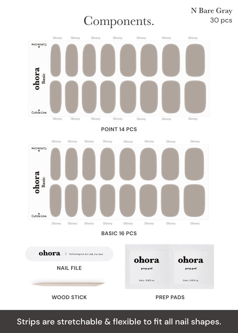 ohora Semi Cured Gel Nail Strips (N Bare Gray) - Works with Any UV/LED Lamps, Salon-Quality, Long Lasting, Easy to Apply & Remove - Includes 2 Prep Pads, Nail File & Wooden Stick