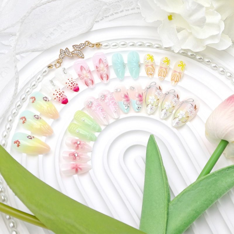 24Pcs Colorful Summer Press on Nails Medium Almond Fake Nails Peach Blossom with Bow Seashell Rhinestones Pearl Designs Pink Flower Full Cover Glue on Nail Cute False Nails for Women Acrylic Manicure