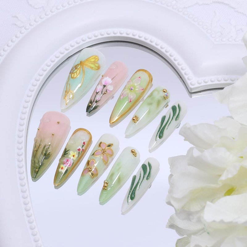 24Pcs Green Press on Nails Long Stiletto Fake Nails 3D Pink Flower Dragonfly with Gold Beads Glitter Designs Spring Summer False Nails Cute Stick on Nails for Women Acrylic Manicure Salon Decorations
