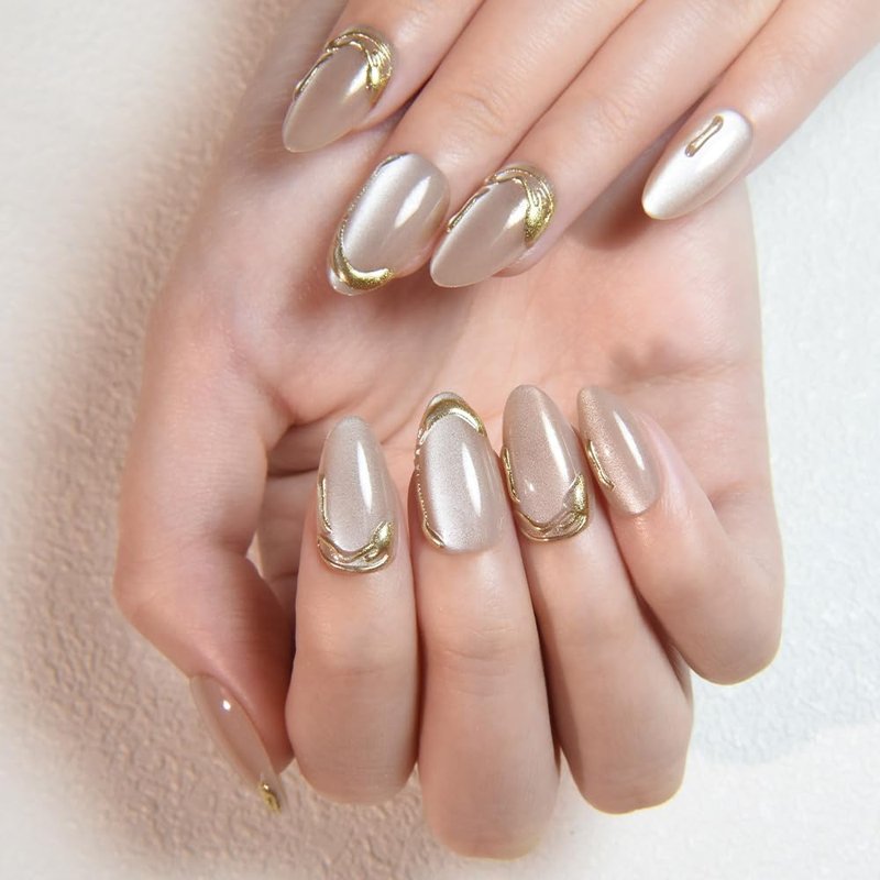 Nude Cat Eye Press-On Nails - Short Almond Shape with Gold Liner Design | Reusable Soft Gel Fake Nails for Women