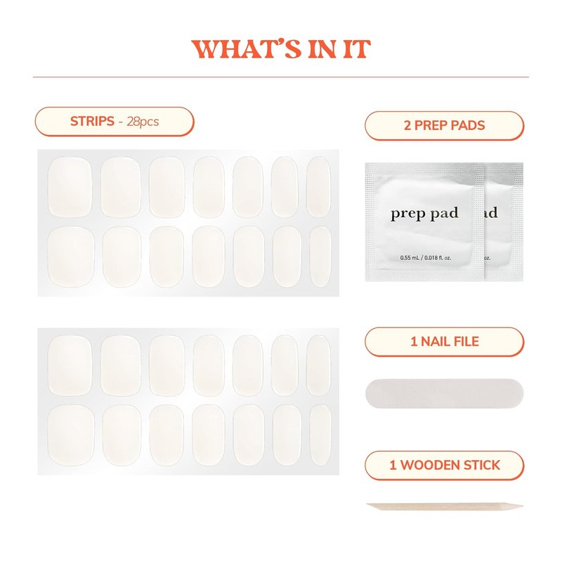 Semi Cured Gel Nail Strips - Easy Apply & Remove White Jelly | 28 Strips, Prep Pads & Nail File Included