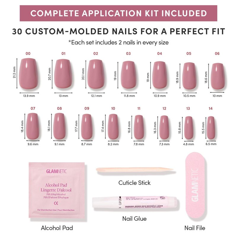 Glamnetic Press On Nails - Medium Coffin Muted Mauve Purple | 30 Nail Kit with Glue, 15 Sizes Available