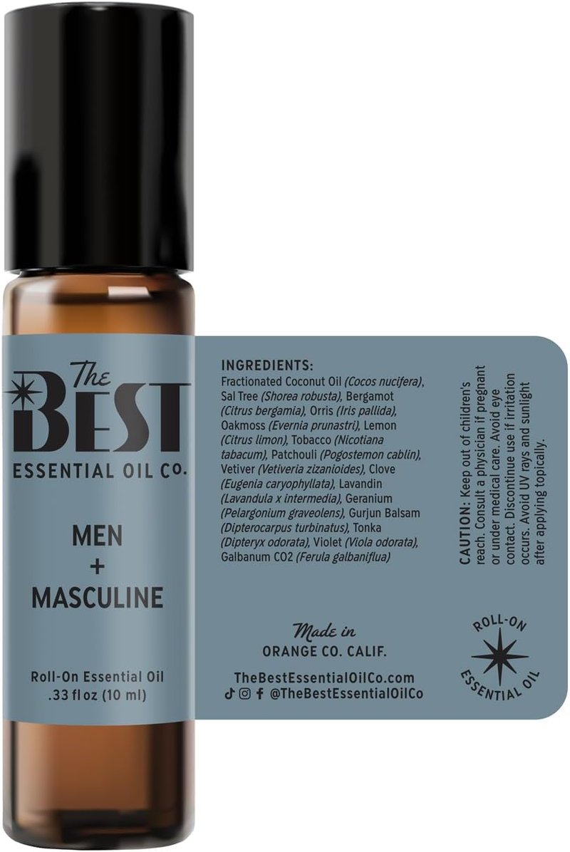Masculine Essential Oil Roll-On Blend by The Best Men - Premium Grade & Pre-Diluted in Coconut Oil - 10 ml