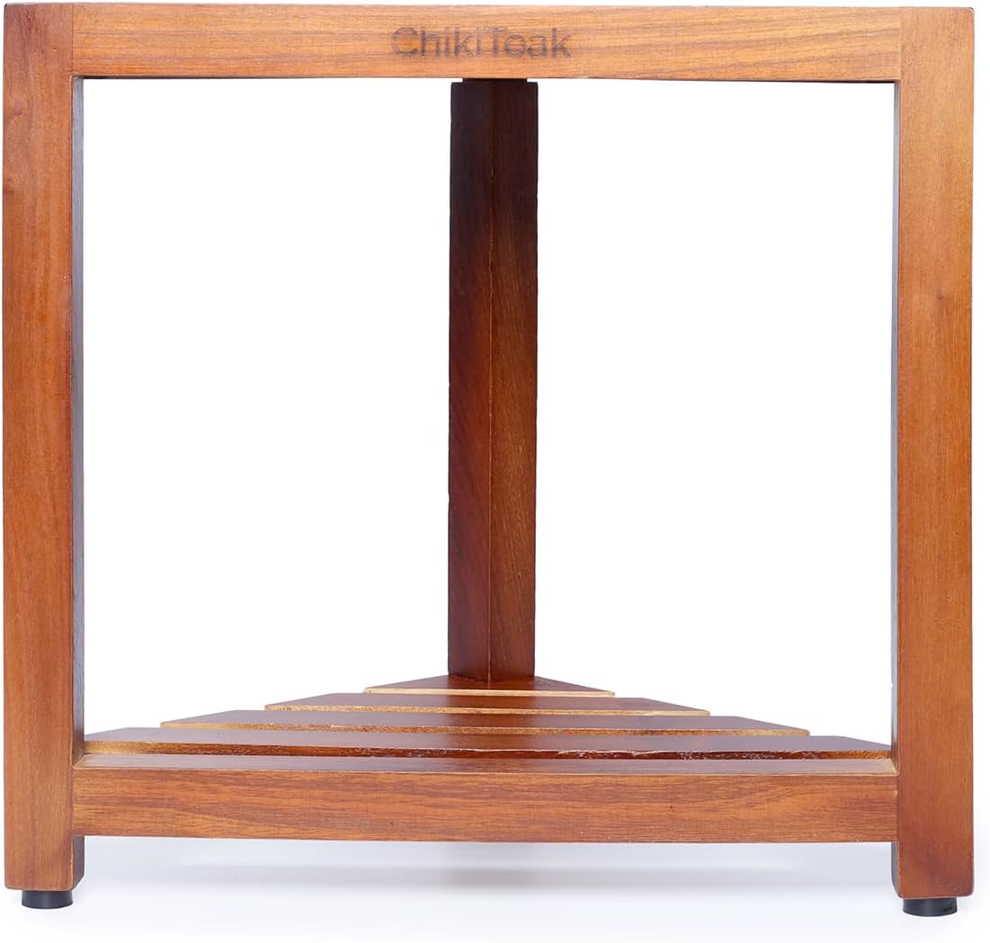 Teak Corner Shower Stool - Waterproof & Stable Shower Bench with Storage Shelf | 12” Height