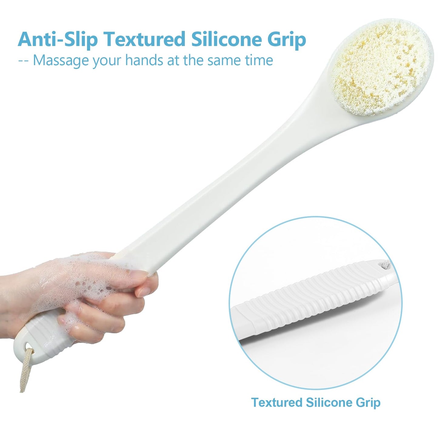 ROLIZOE 17-Inch Back Scrubber for Shower, Anti-Slip Exfoliating Body Brush for Bath, Gentle Back Brush for Shower for Men, and Women, Cleaning Skin for Smooth, Glowing Skin (White)