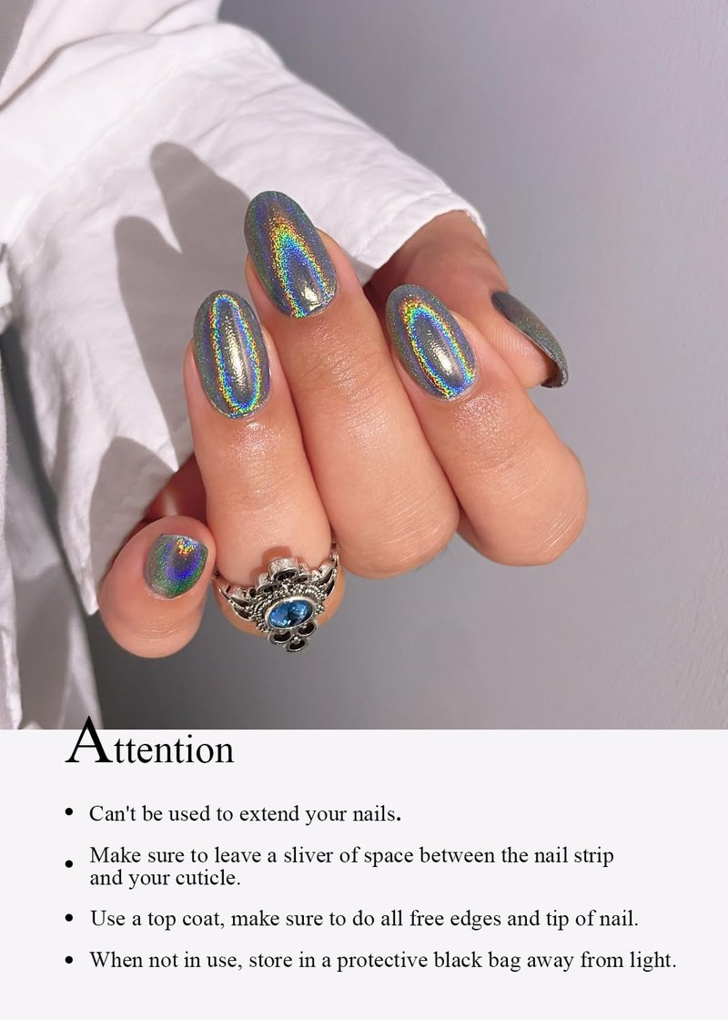 Gel Nail Strips - Semi-Cured Holographic Chrome Design | Easy Application, Salon Quality, Laser Rainbow