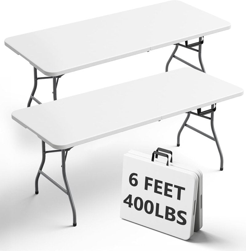 Folding Table 2 Pack - Heavy Duty 6FT Plastic Tables | 400 lbs Capacity, Reinforced Steel Legs, Ideal for Parties & Picnics