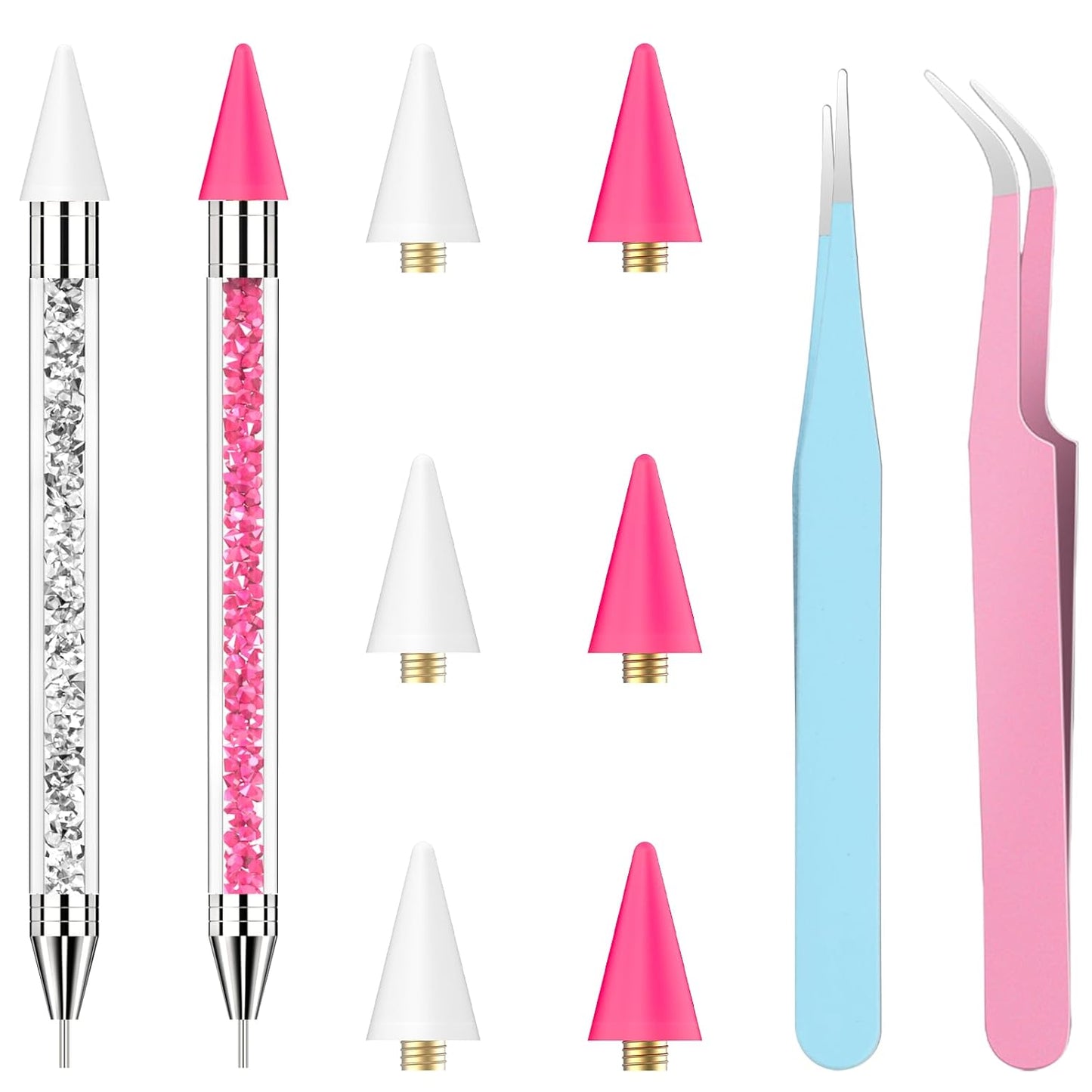 Skiennix Rhinestone Picker Tool - Dual-Ended Applicator Wax Pen with 6 Extra Tips & 2 Tweezers | Pink & White