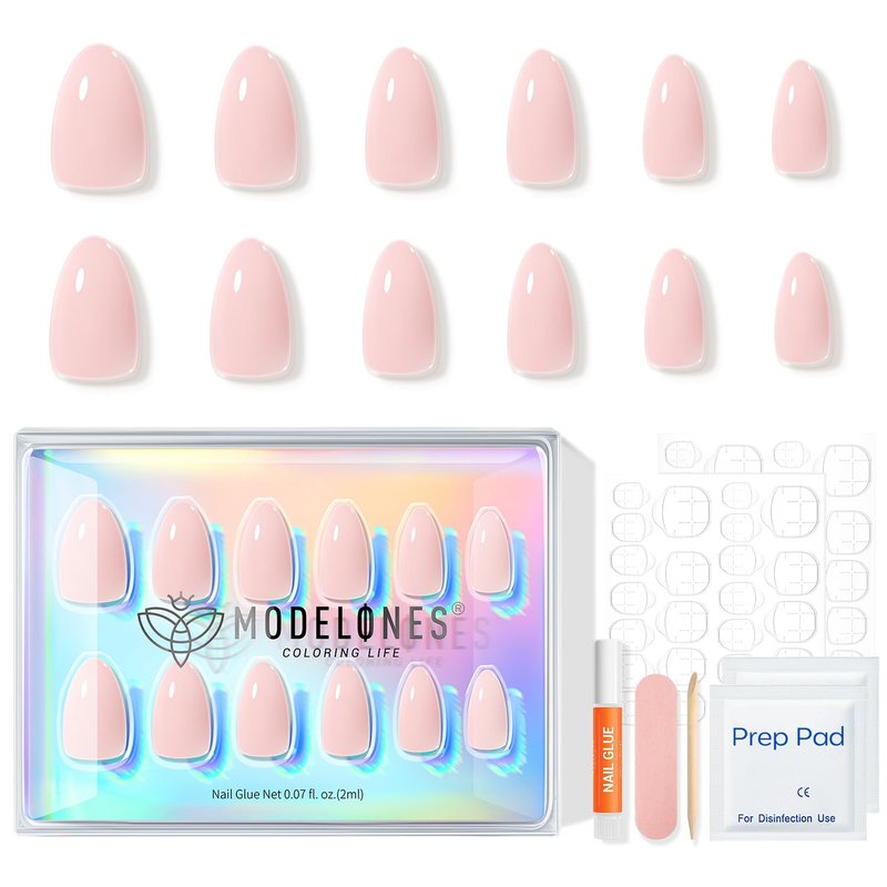 Modelones Pink Press on Nails Almond, Summer Pastel Baby Pink Short Fake Nails, Reusable Nail Kit with Nail Glue Adhesive Tabs Mini Nail File, Nails Press Ons 32Pcs 16 Sizes Women Gift