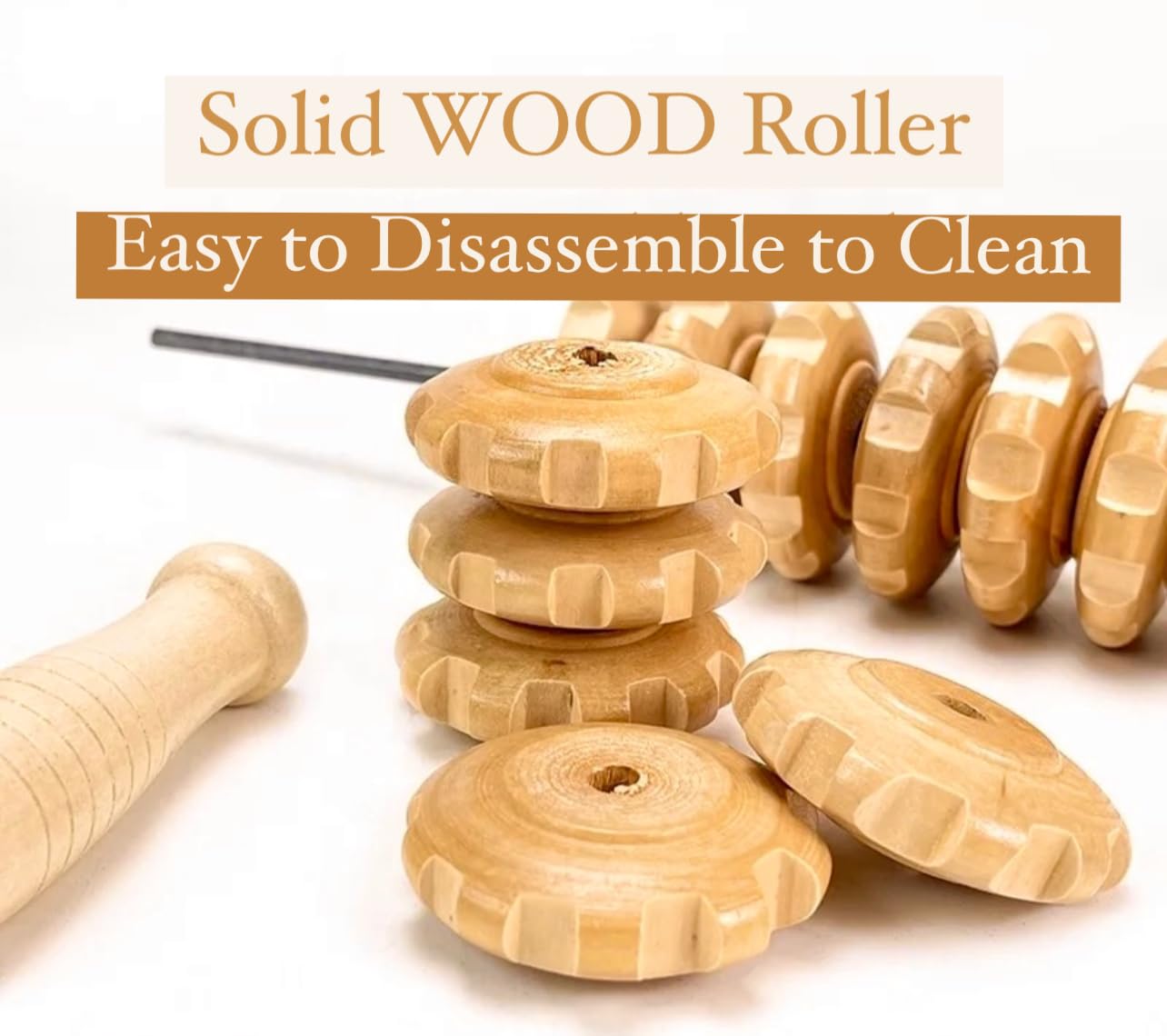 Wood Massage Roller. Curved Design to Target Different Areas of the Body. Relieves Muscle Tension + Improves Circulation + Reduces Signs of Cellulite + Promotes Relaxation.