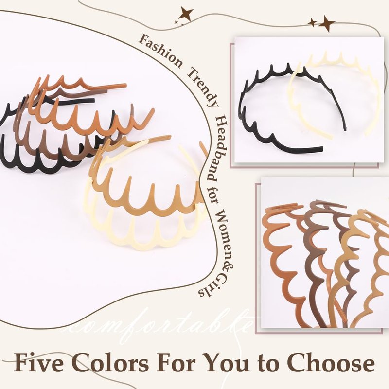 Aprince Zigzag Headbands 5pcs, Neutral Matte Plastic Headbands with Teeth, Non-slip Wavy Hairbands for Women&Men, U Shape Reversible Headband, Retro High Skull Headband, 90s Comb Hair Hoop