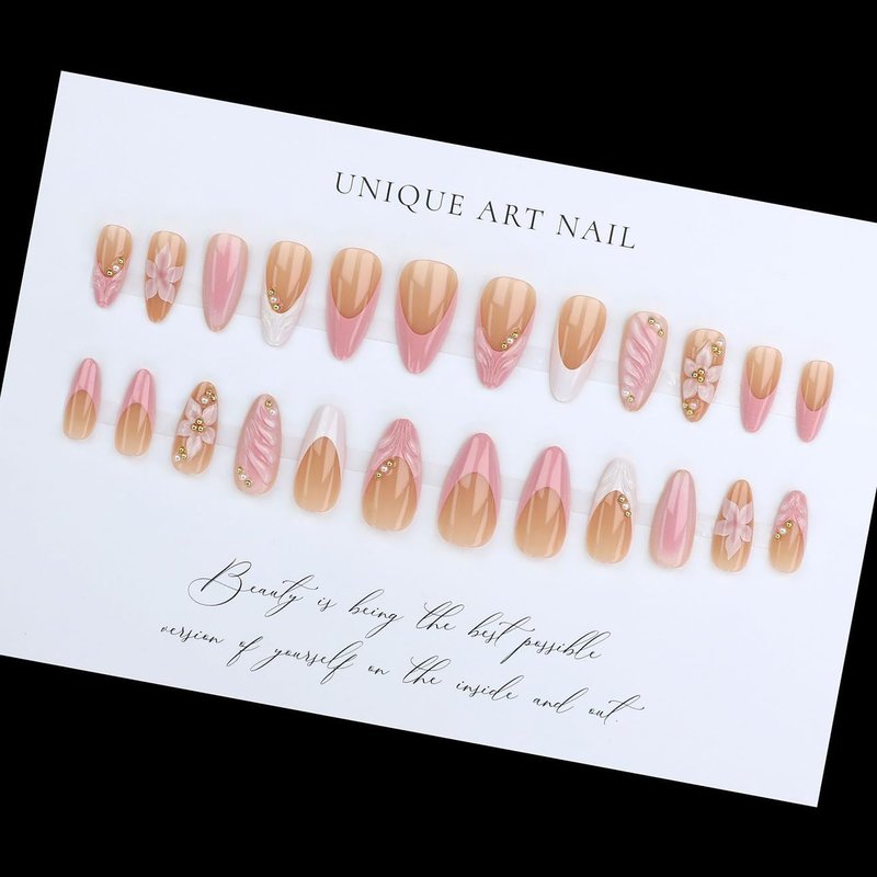 LPOODDNU 3D Pink Press on Nails Almond - Medium French Tip Fake Nails with Embossed Flower&Gold Bead Designs, Glossy Finish Reusable False Nails with Glue Tabs - 24Pcs Nail Kit for Women Manicure