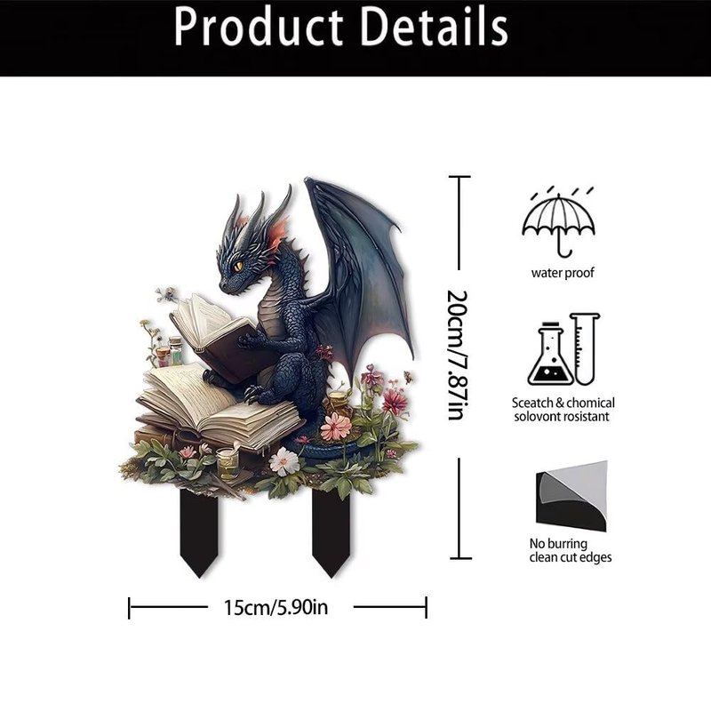 Dragon Reading Book Acrylic Garden Stake, Indoor and Outdoor Decoration, Idea Gift for Flower Potted Ornament and Landscape Beautification, Suitable for Yard, Courtyards and Lawn