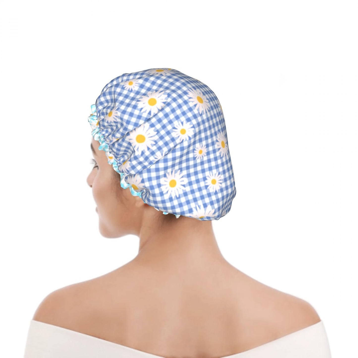 Kwlegh Blue Checkered Shower Caps for Women Daisy Flower Double Waterproof Layers Bath Hat Elastic Reusable Hair Cap for Shower Cooking Clean Makeup