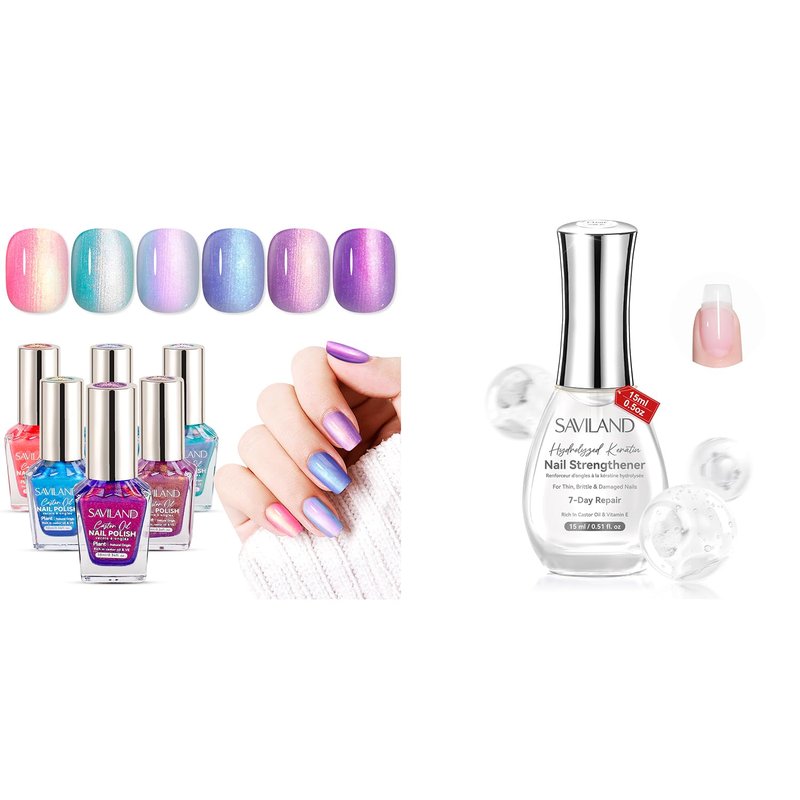 SAVILAND Nail Strengthener & 6 Ombre Nail Polish Set - Summer Colors, 15ml