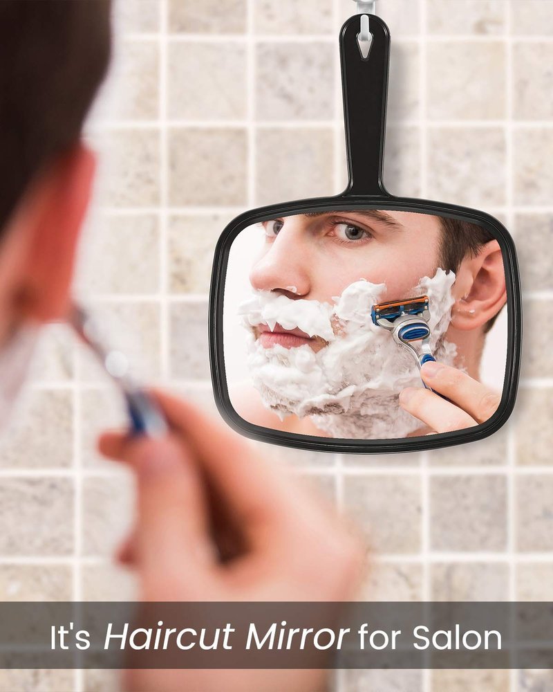 PROTECLE Hand Mirror,9.3" L x 6.7" W Salon Barber Hairdressing Handheld Mirror with Handle, Square Black