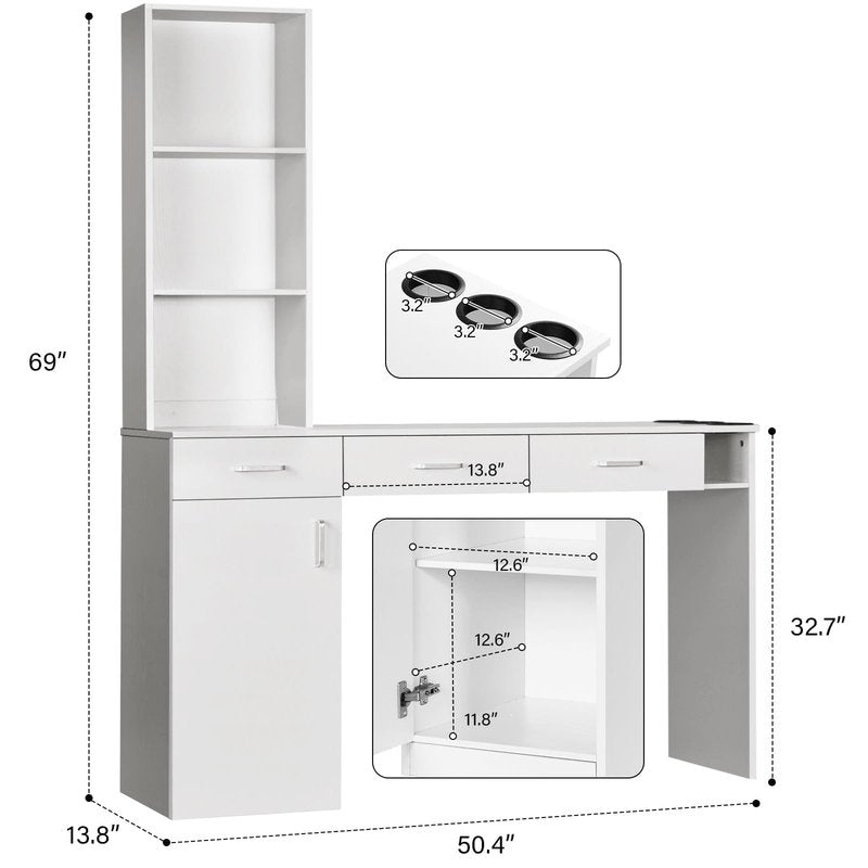 4ever2buy Hair Salon Station for Hair Stylist, Salon Wall Station with Barber Cabinet, Barber Stations Equipment Hair Dryer Holder, Drawers (White)