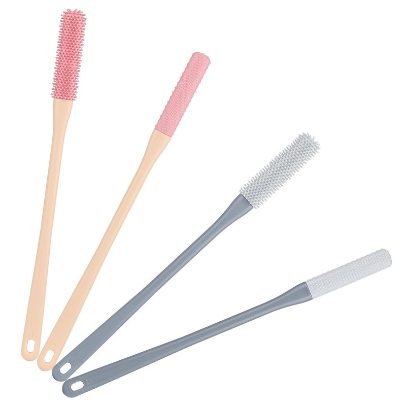 4-Pack Silicone Foot Scrubber & Toe Cleaning Brush with 15.3" Long Handle - No-Bend Shower Design for Seniors & Men & Women (Pink & Grey)