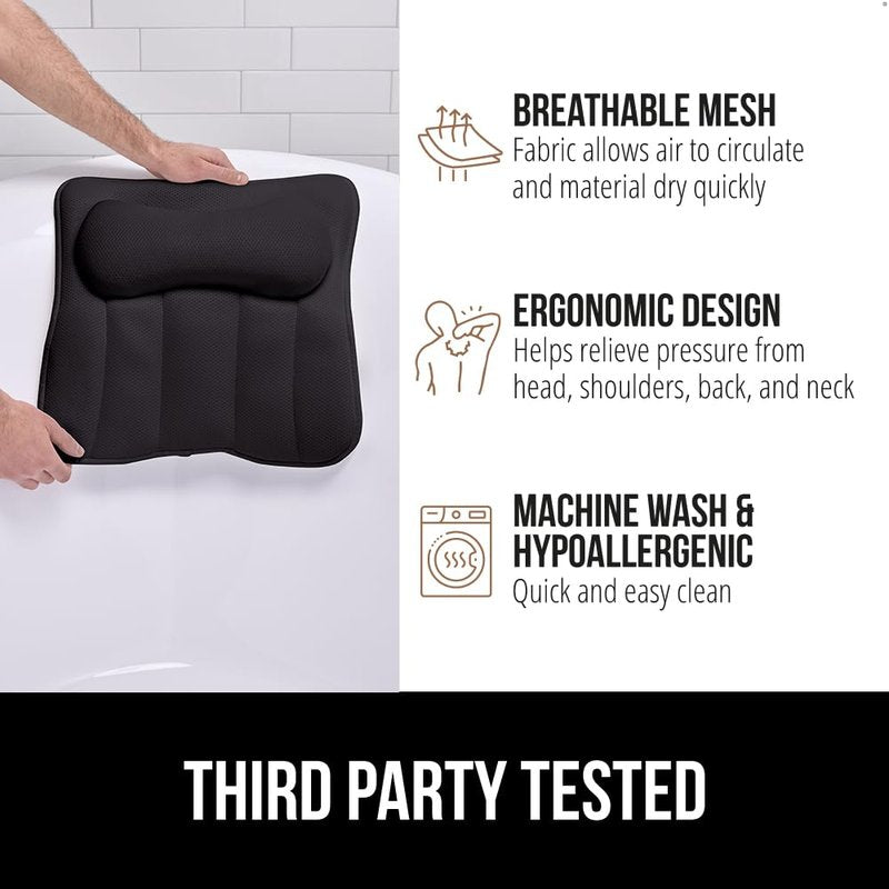 GORILLA GRIP Bath Pillow for Tub, 6 Strong Suction Cups, 4D Mesh FlexComfort Headrest for Neck, Head and Back Support, Luxury Machine Washable Pillows, Bathtub Accessories, Spa Gifts for Women, Black