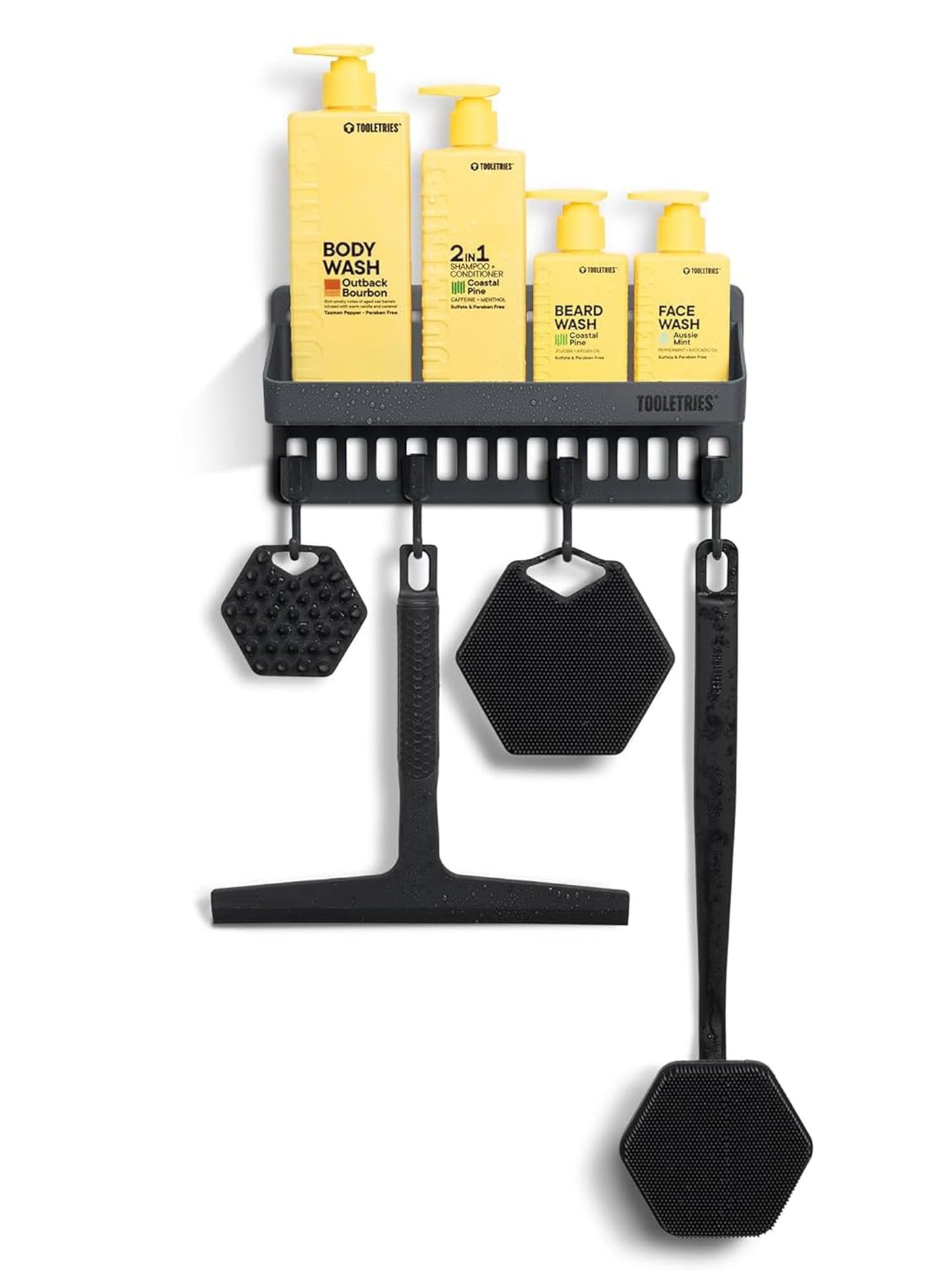 TOOLETRIES The Tool Wall Shower Caddy Bathroom Storage Shelf with Hooks - Wall-Mounted Shower Organiser and Storage with Reusable Adhesive, Store up to 5kg, No Drilling, No Nails, Charcoal