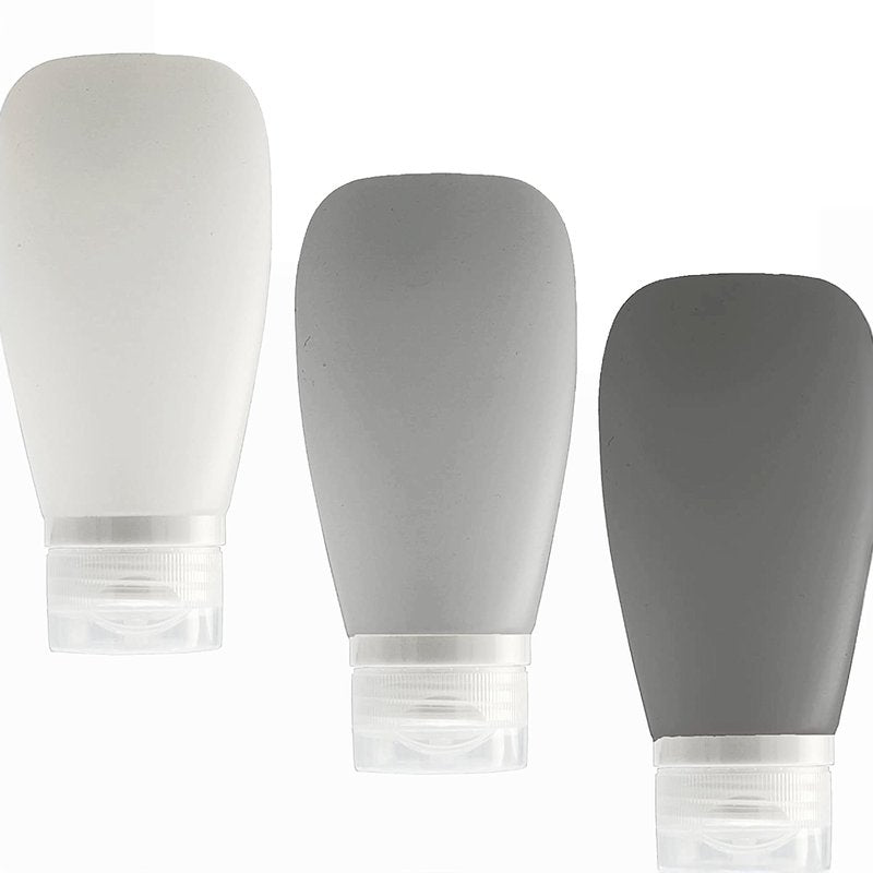 LYOB Travel Bottles for Toiletries, TSA Approved 3oz (90ml) Leak Proof Silicone Refillable Squeeze Travel Size Containers BPA Free for Cleansers, Lotions, Shampoo 3-pk (Black-Gray-White)