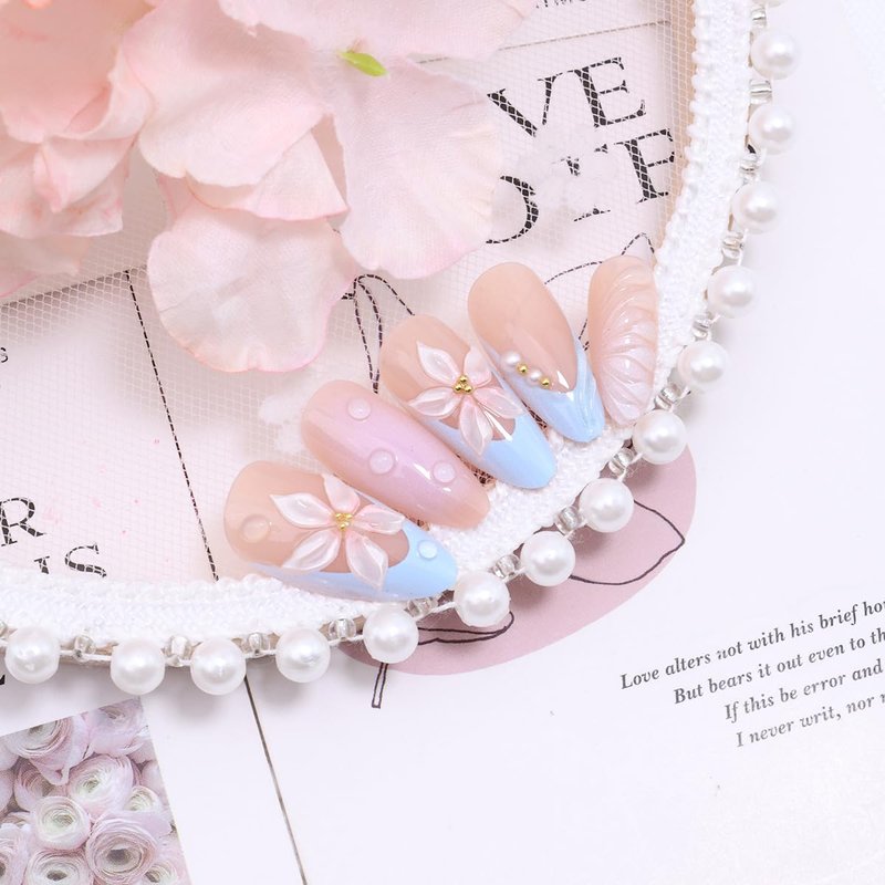 24Pcs Blue Flower Press on Nails Almond Medium French Tip Fake Nail 3D Flower with Pearl Designs Spring False Nails Artificial Acrylic Full Cover Glue on Nails Cute Stick on Nails for Women Manicure