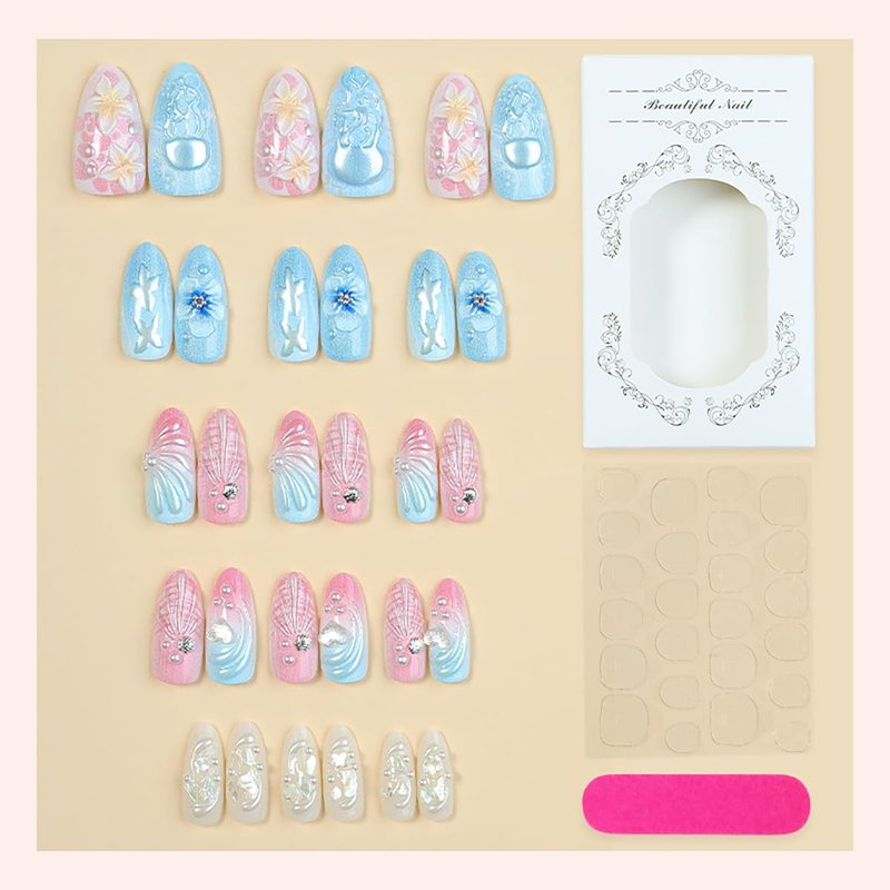 Skiennix 3D Ocean Press-On Nails - Handmade Hibiscus Flower Design | Pink Blue Gradient, 30PCS