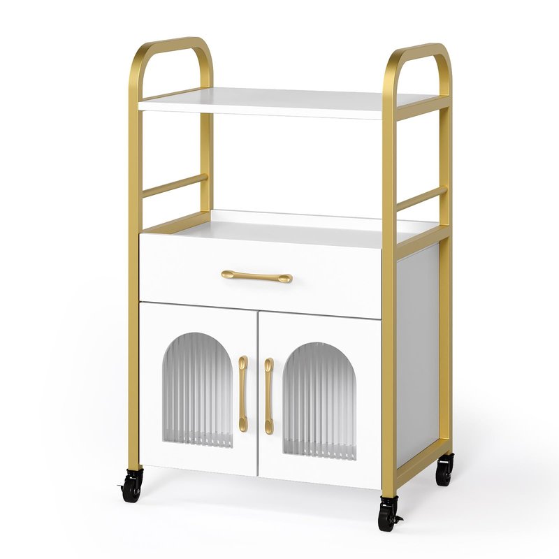 OmySalon Salon Trolley Cart, Esthetician Cart with Drawer & Tray, Hair Styling Station, Lockable Wheels Mobile Storage Cabinet for Beauty Spa Massage Esthetic, White Gold