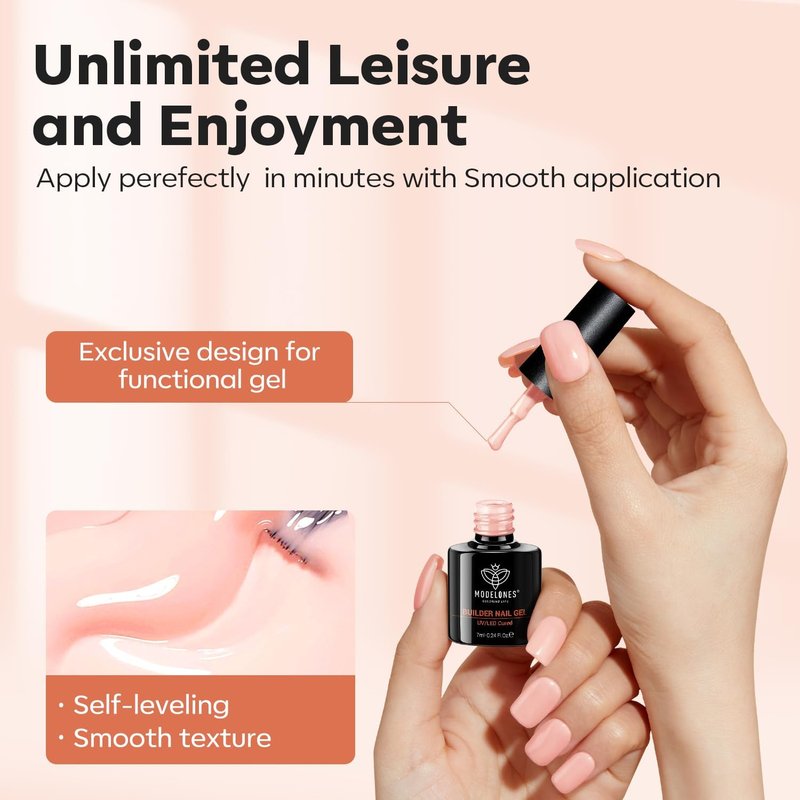 Modelones Builder Nail Gel - 8-in-One Sheer Nude Pink Rubber Base for Apex Building | LED Cured Strengthener