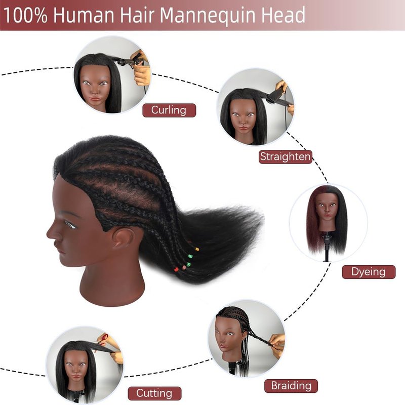 Mannequin Head Human Hair with 100% Real Hair Cosmetology Mannequin Doll Head for Hairdresser Practice Braiding Hairstyling with Free Table Clamp Stand (16 Inch)
