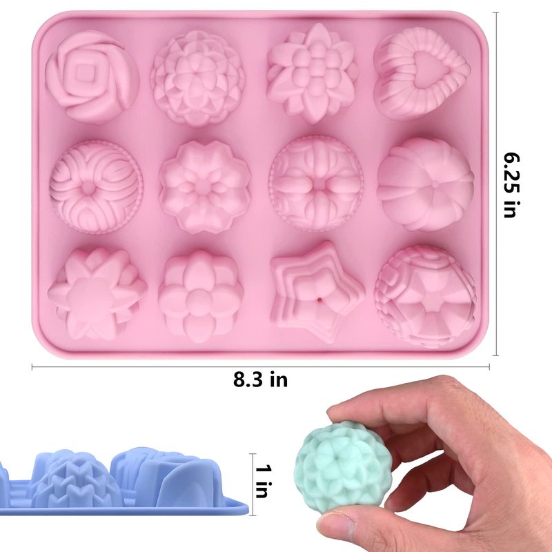 Sakolla 3 Pack Flower Soap Molds, 12 Cavities Different Shapes Silicone Molds for Soap, Lotion Bar, Bath Bombs, Chocolate, Candy