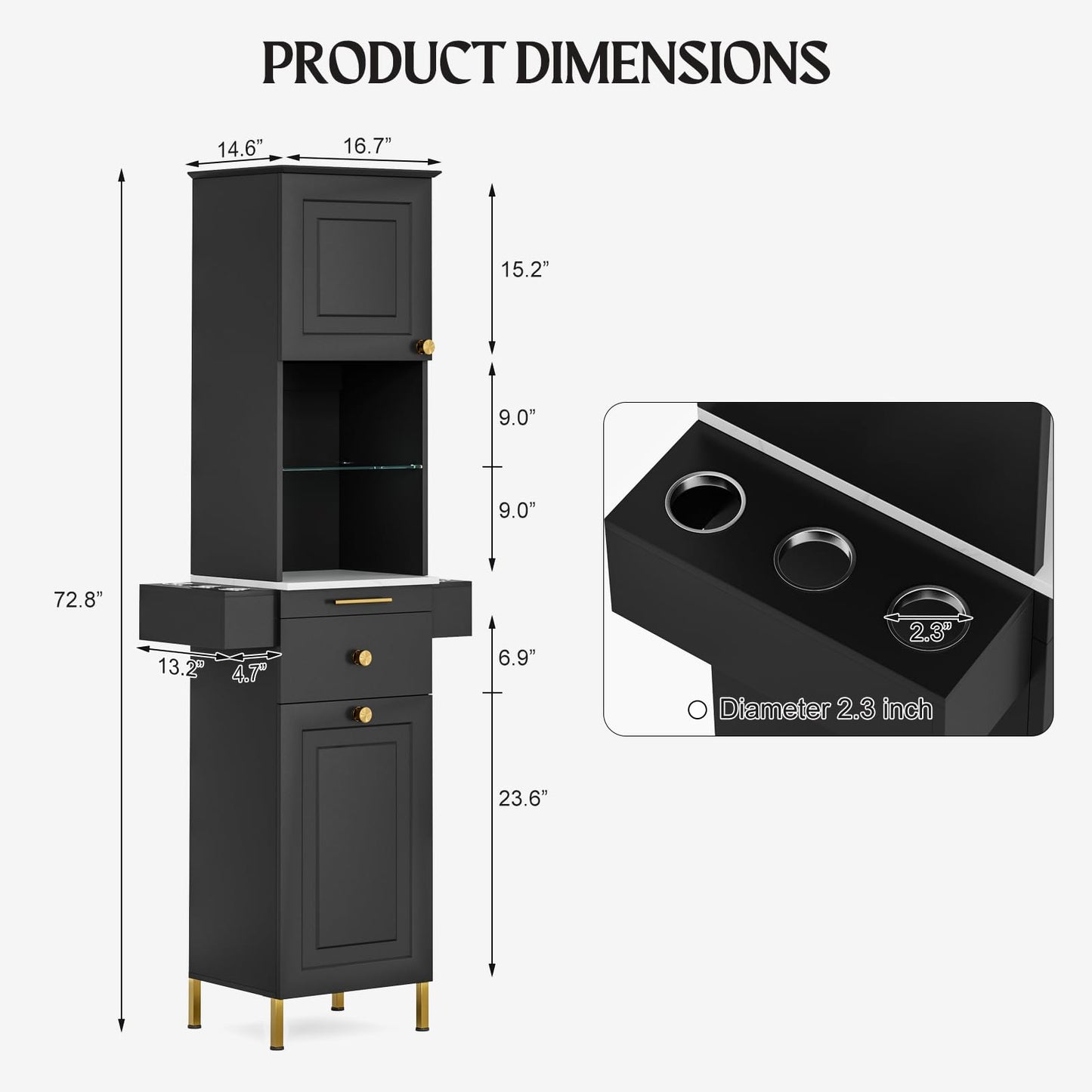 TTGIEET Beauty Salon Station, Hair Salon Station w/Glass Shelf & Golden Handles, Stylist Station for Salon w/6 Hair Dryer Holders, 2 Storage Cabinet & Drawers(Black)