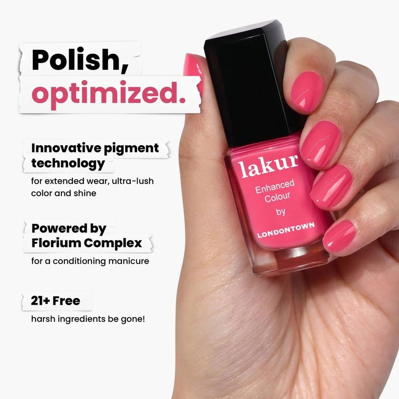 LONDONTOWN Lakur Nail Polish – Pink & Purple Shades, Long-Lasting, Streak-Free, Chip-Resistant | 21+ Free Non-Toxic Vegan Nail Color, Strengthens & Hydrates Nails, 0.4 Fl Oz, Electric Flamingo