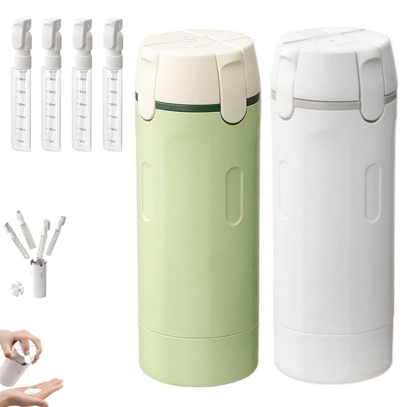 HISKI 4 in 1 Travel Bottles for Toiletries,Portable Travel Toiletries Bottle Set, Portable Containers for Shampoo Lotion Conditioner Cream Transparent with Scale and Label (White+Green-2PCS)