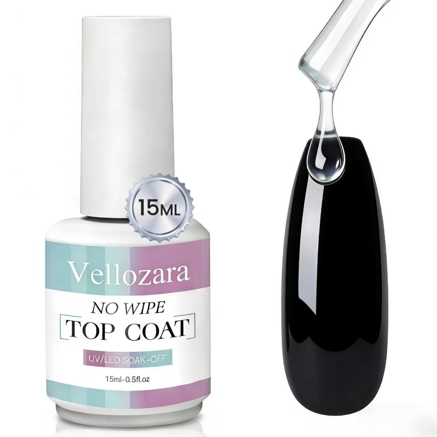 Vellozara Gel Top Coat Nail Polish, No Wipe Gel Top Coat, Clear Color Nail Polish Shine Finish and Long Lasting, Salon Quality Art Design for Home Use Beauty, Need U V/LED Lamp, for Girls Gift 15ml
