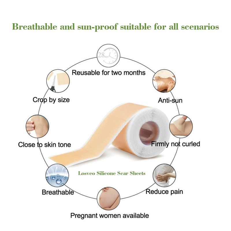 LOSVEO Silicone Scar Sheets For Face Wrinkles, 1.6”x 120”/3m Collagen Scar Tape Strips,Medical Grade Silicone Scar Sheets for Surgical Scars,C-Section, Burn, Scars- Reusable (3m/120 inch)
