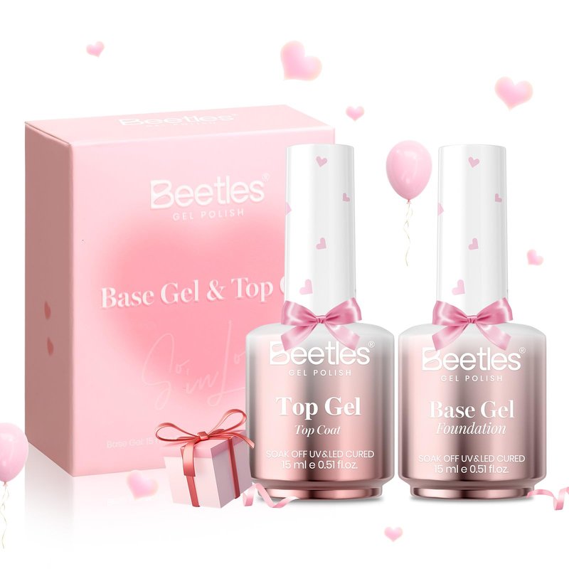 Beetles Gel Base and Top Coat Set, 2Pcs 15ml No Wipe Top Coat Gel Nail Polish & Strong Adhesion Base Coat Long Lasting UV Lamp Needed Nail Art Design Manicure Gifts for Women