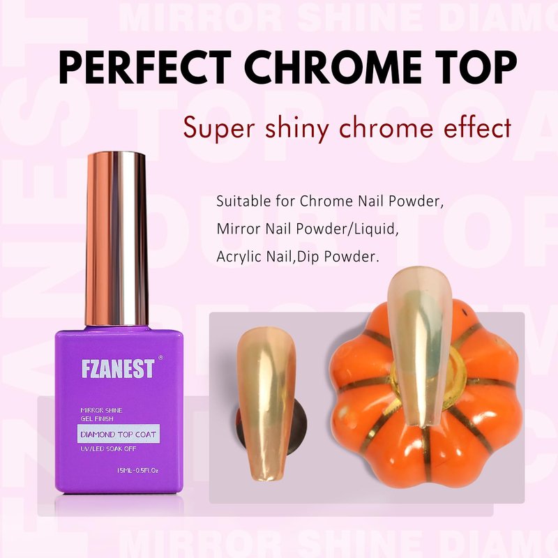 FZANEST Gel Top Coat - No Wipe High Gloss Nail Polish | 2 x 15ML Clear Chrome Finish for Salon Quality Shine