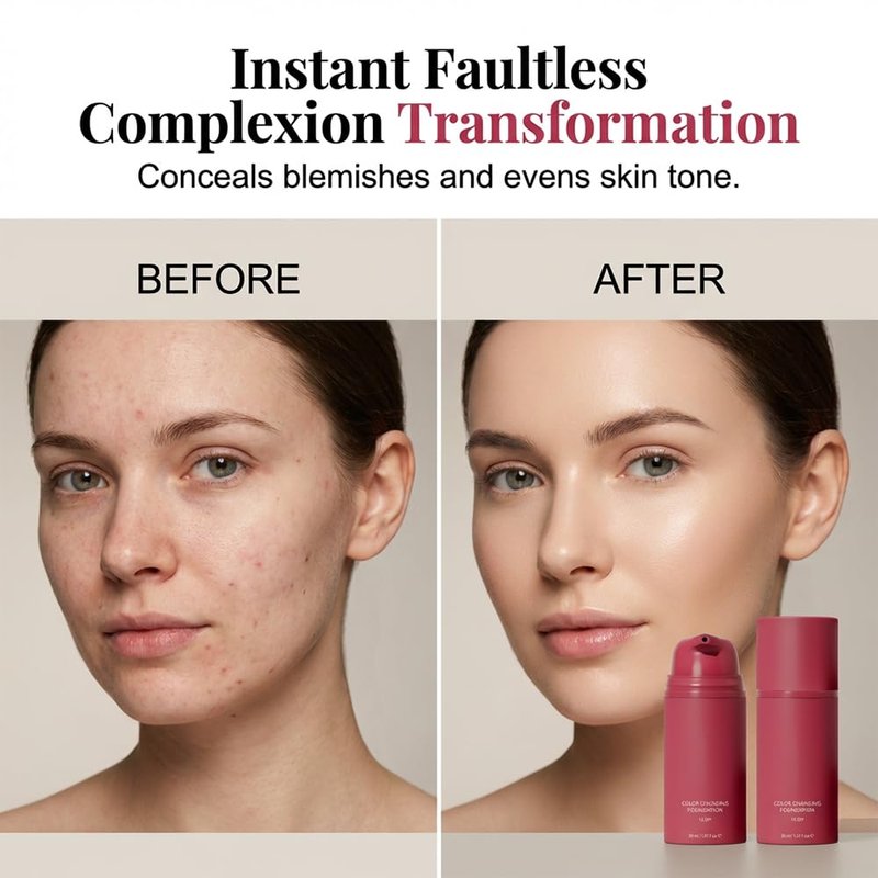 Color Changing Foundation, 2026 New Skin Tone Adapting Liquid Foundation for Women, Automatically Adjusts Makeup Application, Concealing Fine Lines And Wrinkles, Moisturizing And Hydrating (1pc)