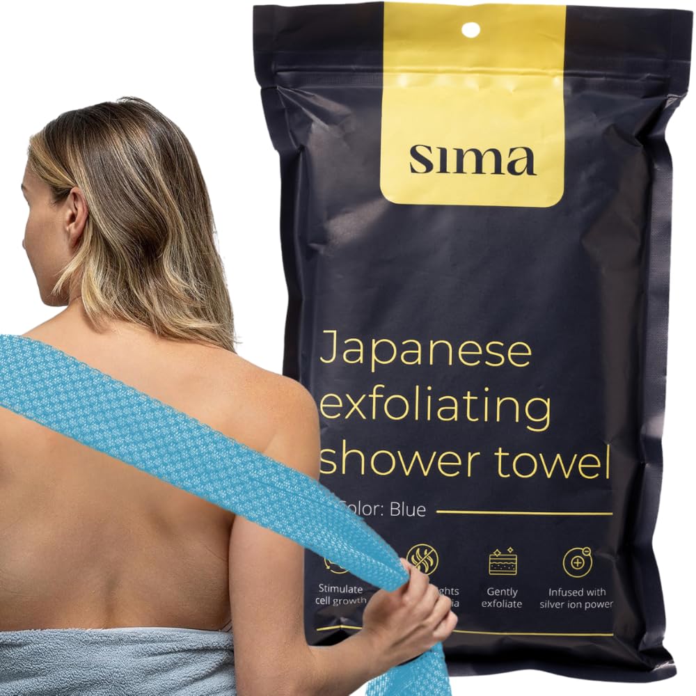 Exfoliating Washcloth Face & Body Scrub Towel - Japanese Exfoliating Towel with Hexagon Fibers, Body Scrubber with 2 Sides for Scrubbing & Washing, Extra Long Towels (Blue, 2 Pack)