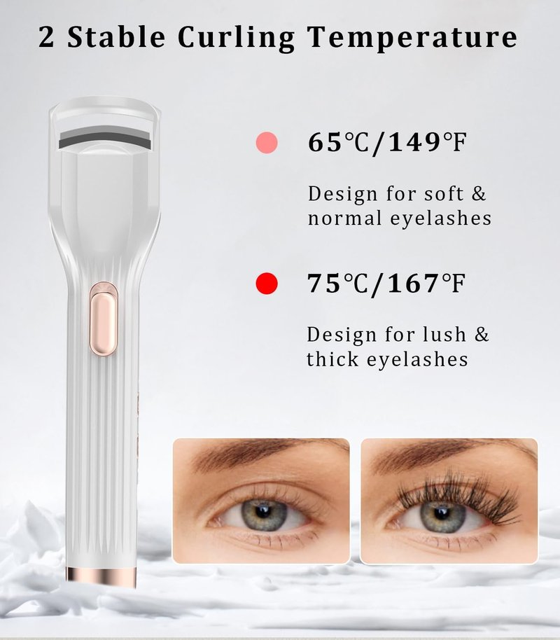 Heated Eyelash Curler - Fast Heating Rechargeable Electric Curler | 2 Heat Modes, Anti-Burn Design, White