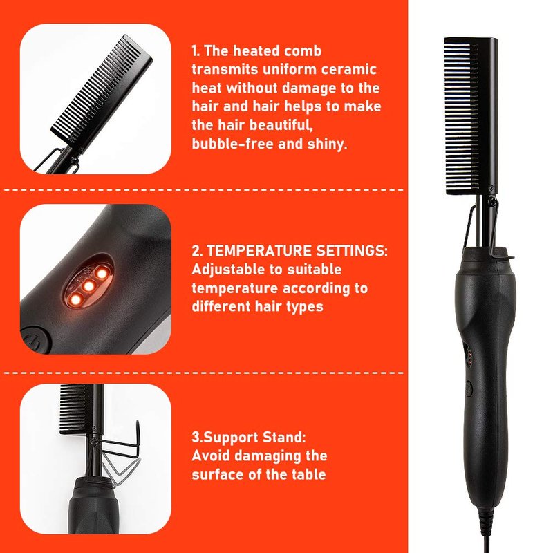 AIHOPESTO Electric Hot Comb Hair Straightener for African American Hair, 3 Temperature Settings, Metal Surface, Lightweight & Compact, 5 Piece Set