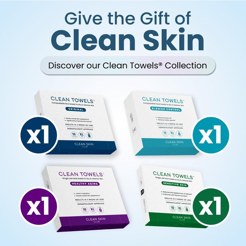 Clean Skin Club Clean Towels® XL Variety 4-Pack Travel Set, Disposable Face Towels, Includes Original, Sensitive, Blemish Control & Healthy Aging, 40 Count Total, 10 Each
